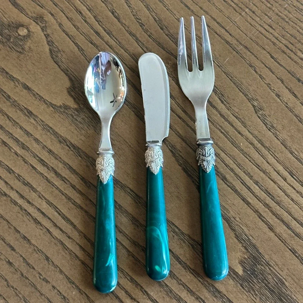 VTG EME Inox Italy Demi Cutlery 18/10 Stainless Steel Green Marbled Handle 3pc